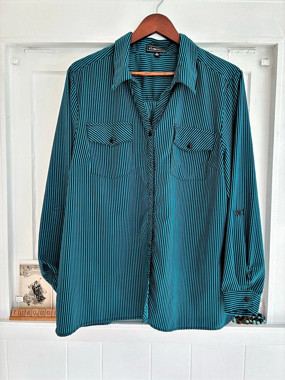 Element Striped Blouse Turquoise & Black XL - slight imperfection on pocket show